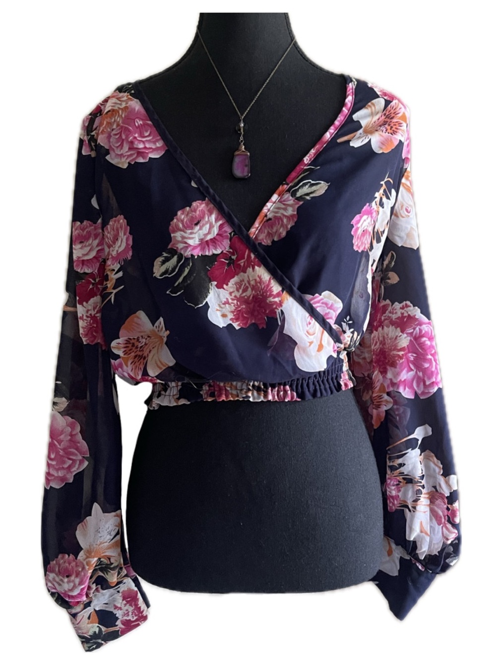 Xtaren Chiffon Floral Crop Blouse Faux V Wrap Surplice Balloon Long Sleeve Top M